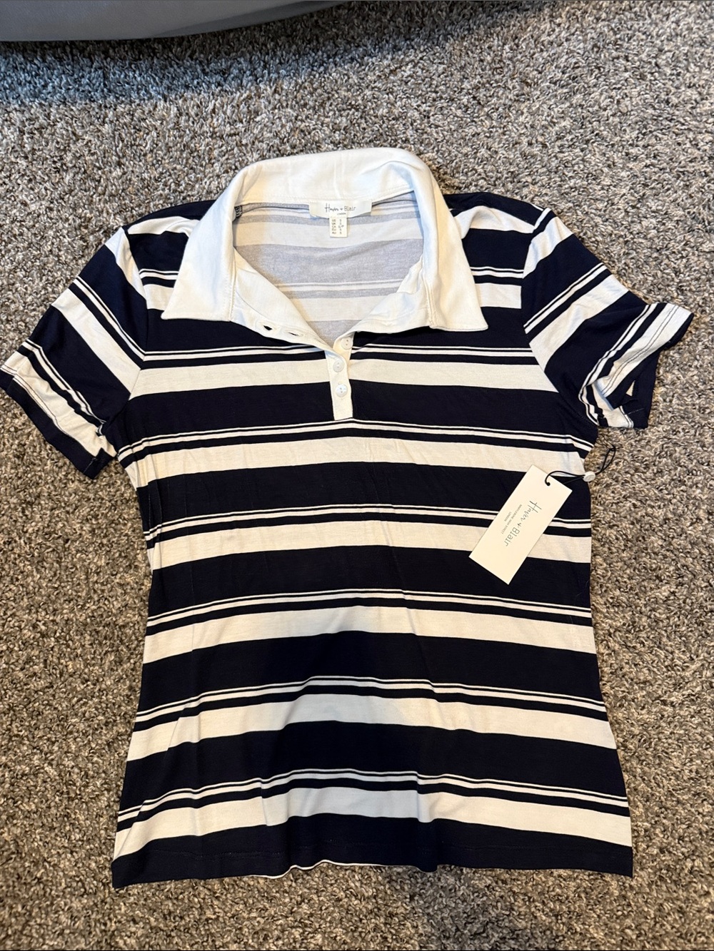 Women’s Navy and White Striped Polo Top - Classic Casual Jersey
